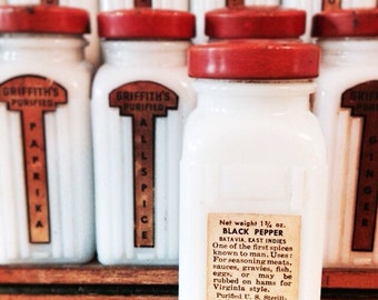 Vintage Milk Glass Spice Jar / White Apothecary Jars / Farmhouse Kitchen Decor / Griffith's Spice Jars (Price PER JAR)