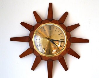 70s mid century Anstey & Wilson starburst sunburst teak wall clock