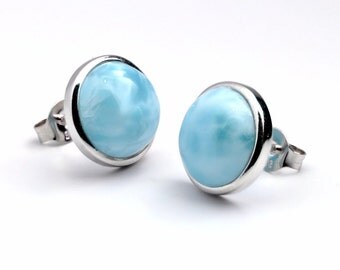 Natural Larimar 10mm Bezel Set Stud Earrings .925 Sterling Silver
