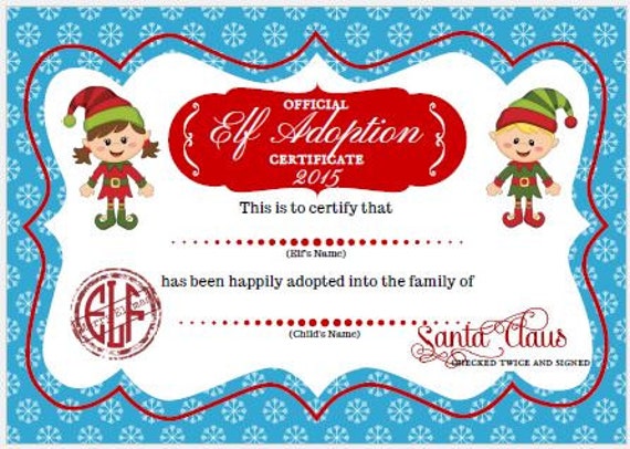 Printable Elf Adoption Certificate