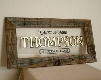 Personalized Family Name Sign. Custom Signs. Reclaimed Wood Frame. Established Family Name Sign. Rustic Sign. Custom Wedding Gift. 20x10