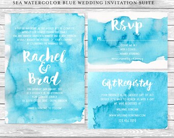 Sea Watercolor Blue DIY Wedding Invitation Suite / Printable Digital ...