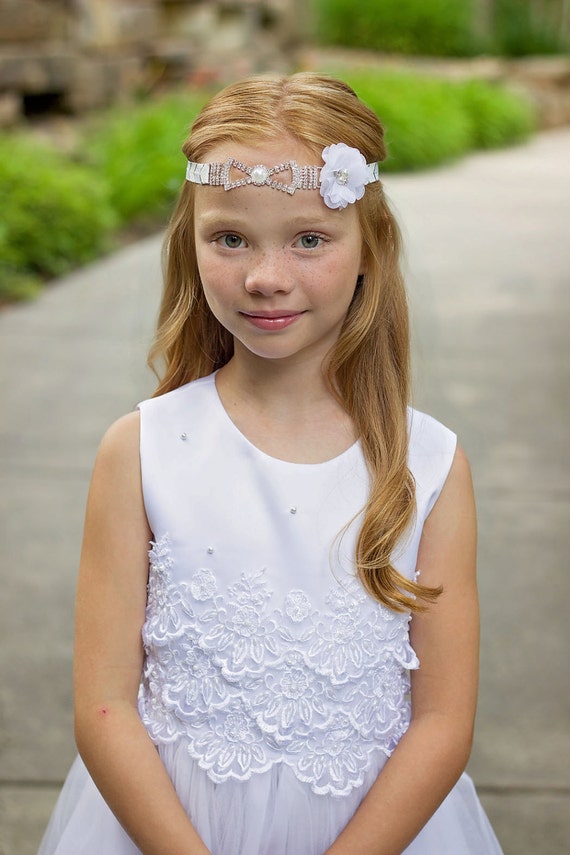 White Pearl Headband Flower Girl Headband Silver White