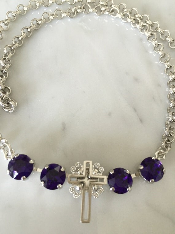 Filigree Cross Necklace with Purple Velvet Crystals