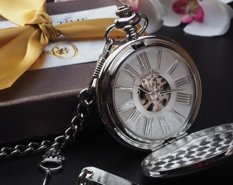 Custom Engraved Silver / White Skeleton Pocket Watch & Gift Box PW-11-M