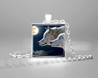 WOLVES NECKLACE MOON Wolves Pendant Wolf Jewelry Wolf Pendant Wolf Pendant Wolf Charm Necklace Two Wolves Wolf Totem Romantic Gifts Romance