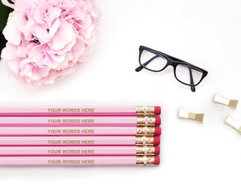 CUSTOM Personalized Pencils Your Words - 12, 24, 48, 72 / Pink Blue Black Silver White Pencil Set / Gold Engraved Imprinted Wholesale