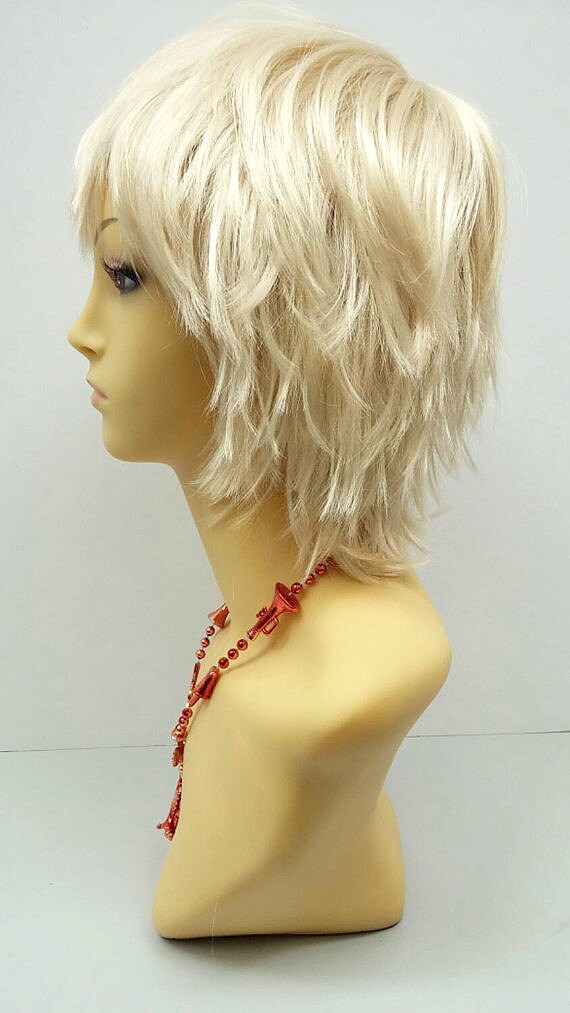 Short Layered Wind Blown Shag Style Blonde Cosplay Wig. Anime
