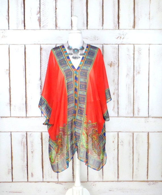 Red/orange/blue tribal bohemian print sheer silk kimono cardigan ...