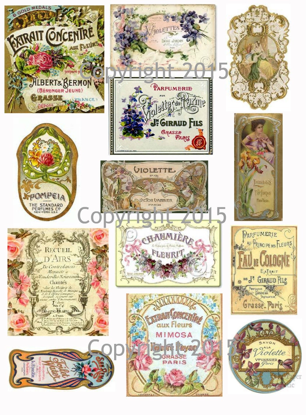 Printed Vintage French Victorian Perfume Label Collage Sheet