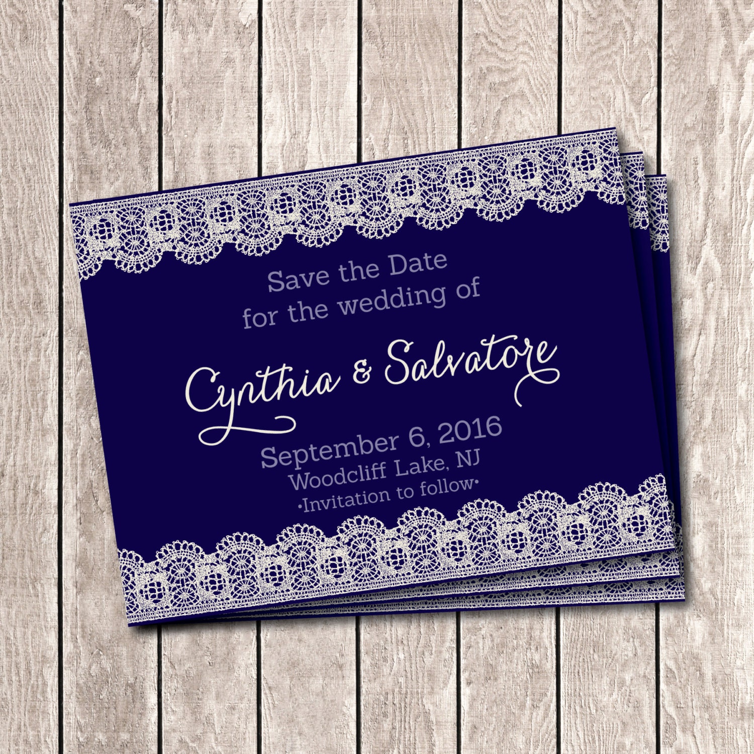 Save The Date Card Simple design Lace border Navy Blue and