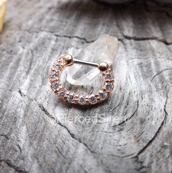 16g Septum clicker nose ring piercing hinged rose gold crystal gemstones prong set 5/16