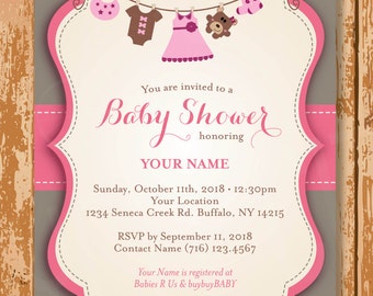 Baby Girl Shower Invitation, Baby Shower Invitation, Baby Bear Shower Invitation, Printable, Customized