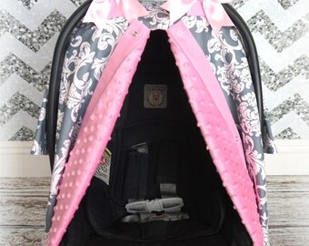Grey and Baby Pink Damask Minky Carseat Canopy - The Canopy Shoppe, Baby Car Seat Cover, Infant Carrier, baby car seat canopy