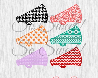 Patterned Cheer Megaphones SVG / DXF Silhouette Cut File Cheerleading Cheer Megaphone Chevron Aztec Heart Greek Key Houndstooth Floral Svg