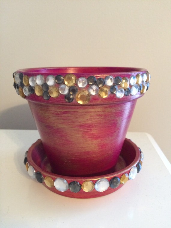 Rhinestone Metallic Themed Embellished Indoor Planter Clay Pot