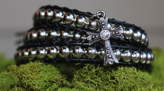 Bracelet Cross Triple wrap cross Charm Wrap charm with  Black