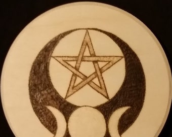 Triple Goddess/God Pentacle Altar Tile - decor - Wood burning