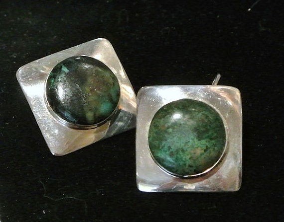 TAXCO Mexico Vintage Earrings Chrysocolla Earrings Sterling Silver Southwestern Western 1980s 80s Retro Jewelry Artisan Hand Crafted