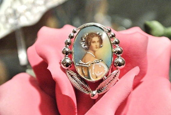 Vintage Portrait Brooch Carl Art 1940s 40s Antique Sterling Silver Brooch Victorian Revival Cameo Hand Painted Accents Lucite Brooch