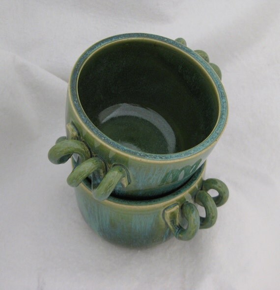 Handmade Ceramic Green Soup Bowls with Handles Set of Two