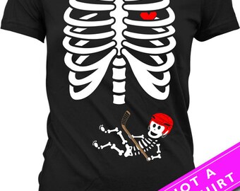 Pregnant Skeleton Shirt Halloween Pregnancy Announcement T Shirt Pregnancy Reveal Shirt Skeleton Baby Hockey T-Shirt Ladies Tee MAT-23