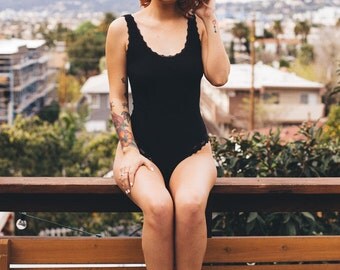 Magic Hour Bodysuit / Black Leotard, Bamboo Jersey Lace Lingerie, Stretch Bodysuit, Scoop Back Leotard, Organic Loungewear, Wardrobe Staple