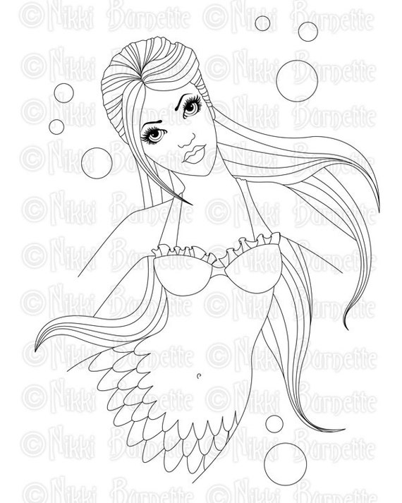 Digital Stamp - Printable Coloring Page - Fantasy Art - Mermaid Stamp - Adult Coloring Page - Jolene - by Nikki Burnette - PERSONAL USE