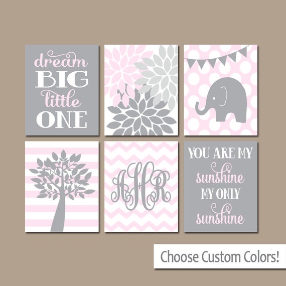 Pink Gray Nursery Wall Art, CANVAS or Prints Girl Elephant Monogram ...