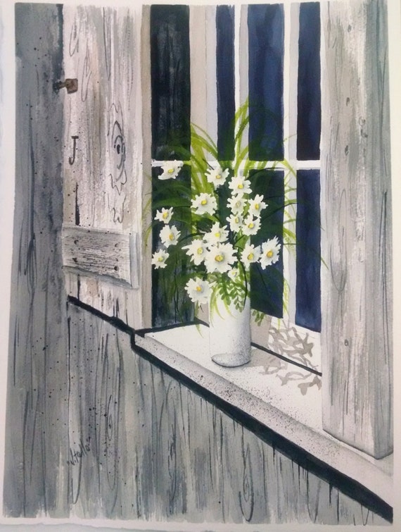 SALE Window Sill Watercolor Painting Flowers Barn Wood