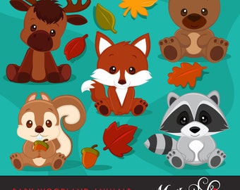 Baby Woodland Animals clipart. Baby fox, Baby squirrel, Baby moose, baby raccoon, baby bear graphics with fall laves and acorn.