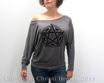 Pentagram Pentacle Shirt Long sleeve Women's Wiccan pagan t shirt clothing art
