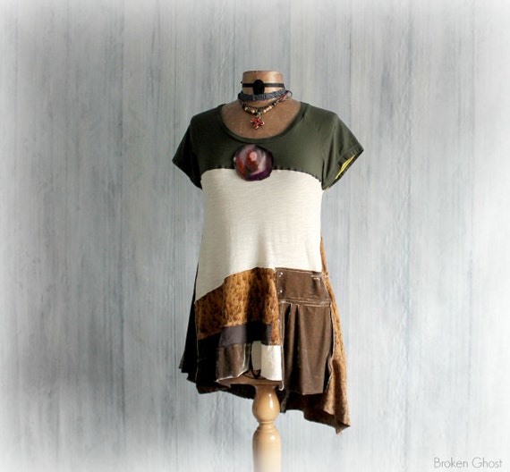 Upcycled Tunic Top Earth Color Tones Lagenlook Shirt Women's Boho Clothes Bohemian Gypsy Rustic Clothing Fall Winter Eco Chic Top M 'SLOANE'