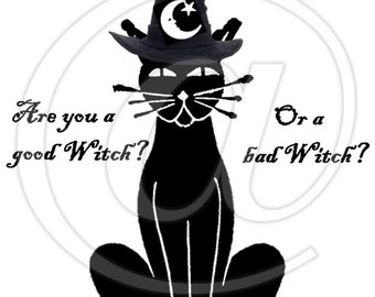 Good Witch Bad Witch Black Cat Halloween Digital Collage Sheet Image Transfer Burlap Canvas Pillows Tea Towels greeting cardsUPrint 300JPG