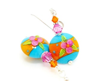 Southwestern Earrings, Floral Earrings, Lampwork Earrings, Glass Earrings, Beadwork Earrings, Glass Bead Earrings, Bright Earrings