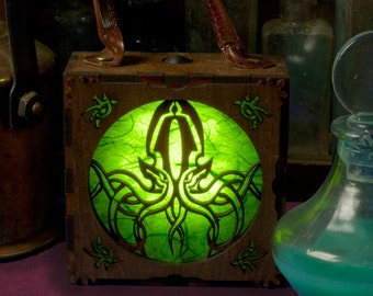 Steampunk Arkham Alchemist Cthulhu Lantern. LED accessory box. H P Lovecraft, Necronomicon. Steampunk lamp.