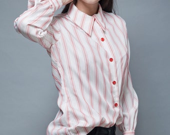 vintage 70s blouse top shirt white red stitched stripes long sleeves L LARGE