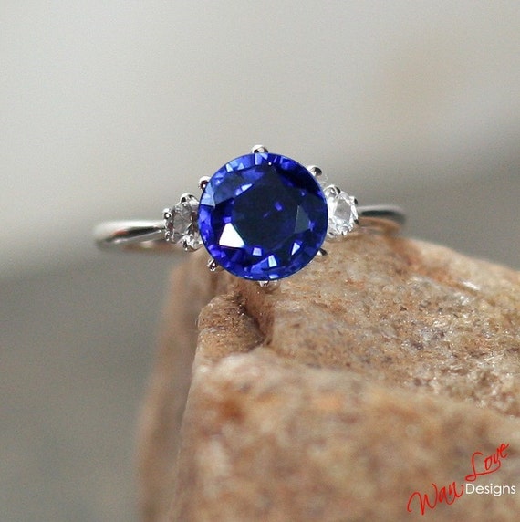 Blue Sapphire & Forever One Moissanite 3 Stone by WanLoveDesigns
