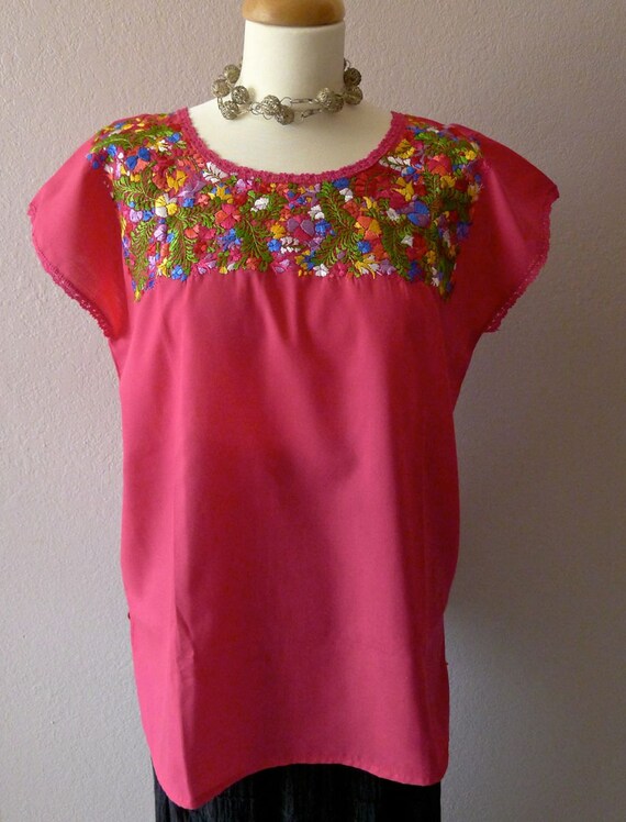 Mexican embroidered Rosa huipil blouse cotton floral Oaxaca