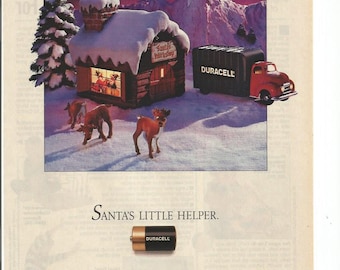 1989 Advertisement Duracell Batteries Christmas Santas Workshop Rudolph Little Helper Elves Reindeer Snow North Pole Wall Art