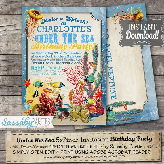 Under the Sea Invitation - INSTANT DOWNLOAD - Editable & Printable Ocean, Underwater, Sealife, Sea Creatures, Birthday Party Invite Il_570xn