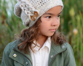 CROCHET PATTERN - Buttons & Braids Slouchy - crochet slouchy hat pattern w/ side braid (Toddler, Child, Adult sizes) - Instant PDF Download