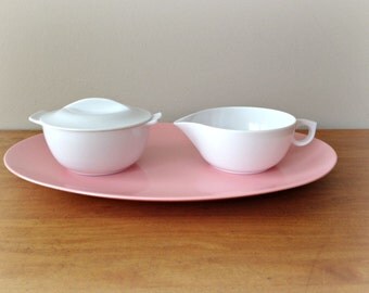 White and Pink Melmac Cream and Sugar Set with Tray