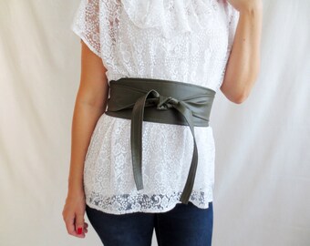 Military green leather obi belt, Obi belt, faux leather belt, sash belt, olive green obi belt, womens clothing, boho belt, green belt