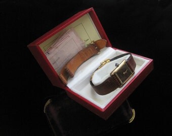 Vintage Cartier Watch Must de Cartier 18k GP Tank Women's Wristwatch Leather Strap Sapphire Dial Eighteen Karat Designer Original NIB
