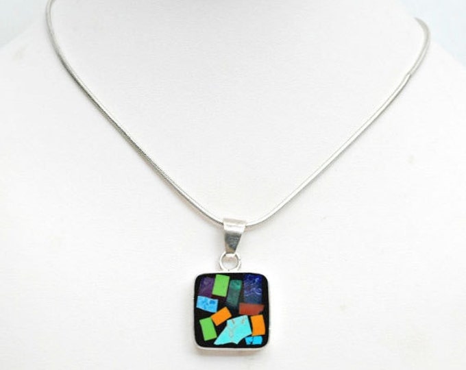 Gemstone inlay in sterling pendant on sterling silver chain Lapis Turquoise,Malachite