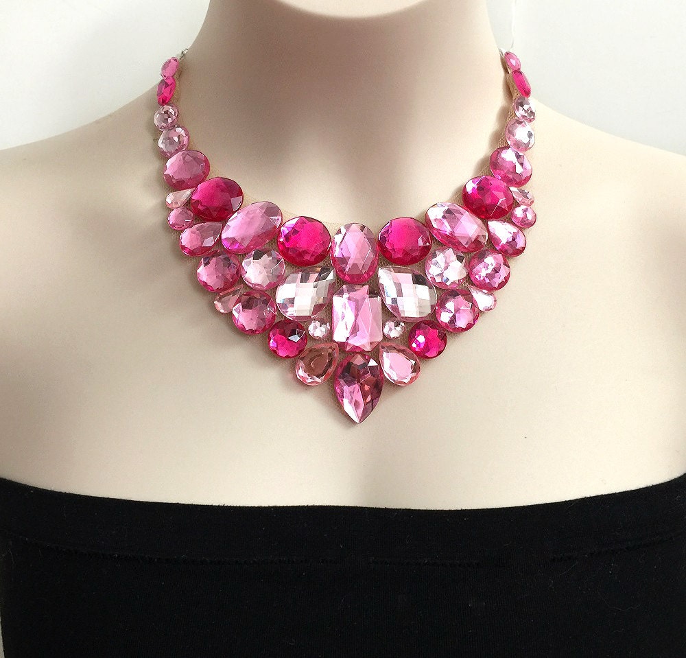 Pink Rhinestone Bib Necklace Prom Wedding Bridesmaids