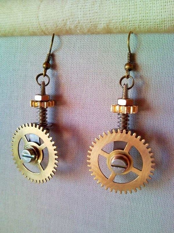 Steampunk style pizza cutter earrings recycled mechanical