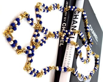 Vintage Authentic CHANEL Necklace Indigo GRIPOIX Glass Gold Plated Lapis Blue Faux Pearl Ultra Long Uber RARE Fabulous Haute Couture
