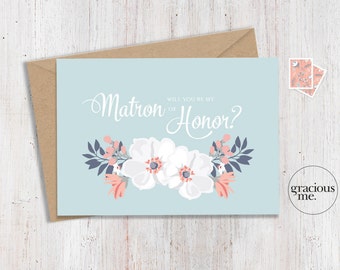 Matron of Honor Card 'Will You Be My Matron of Honor' - Wedding Card, Floral Card - Aqua